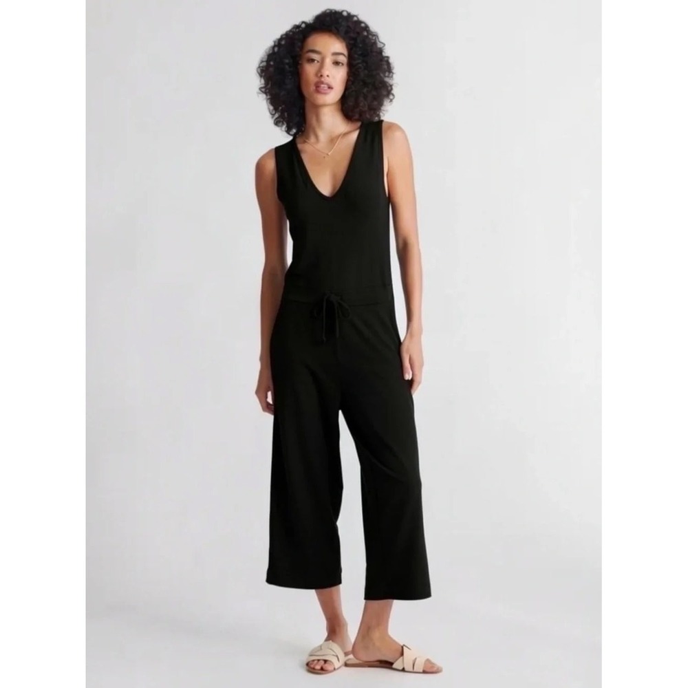 Quince French Terry Modal Black Jumpsuit V-Neck Drawstring Waist S loungewear